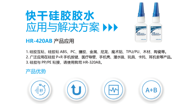 矽膠粘接，HR-420快幹膠，矽（guī）膠玩具小麵積粘接用HR-420快幹膠強度高低白化